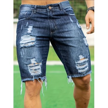 Ripped Denim Shorts, Men's Casual Street Style All Match Distressed Denim Shorts For Summer Ripped Denim Shorts, Men's Casual Street Style All Match Distressed Denim Shorts For Summer