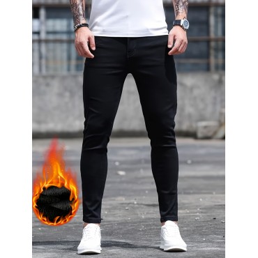 Men's Casual Fleece Lined Jeans, Street Style Medium Stretch Skinny Jeans Men's Casual Fleece Lined Jeans, Street Style Medium Stretch Skinny Jeans