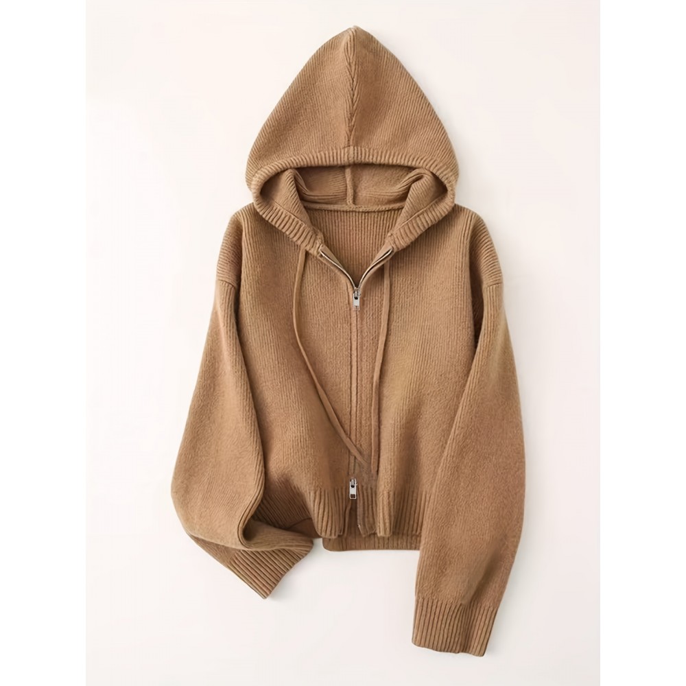 Women's Casual Oversized Hooded Cardigan - Thickened Winter Sweater with Double Zipper Front, Ribbed Cuffs & Hem, Earthy Brown, Medium Stretch for Fall & Winter Layering