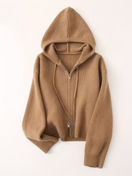 Women's Casual Oversized Hooded Cardigan - Thickened Winter Sweater with Double Zipper Front, Ribbed Cuffs & Hem, Earthy Brown, Medium Stretch for Fall & Winter Layering