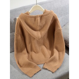 Women's Casual Oversized Hooded Cardigan - Thickened Winter Sweater with Double Zipper Front, Ribbed Cuffs & Hem, Earthy Brown, Medium Stretch for Fall & Winter Layering