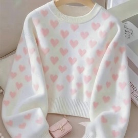 Women'S Pink Heart Sweater - Soft & Cozy Long Sleeve Pullover with Round Neck, Elegant Casual to Formal Wear, All-Season Comfort, Casual Wear Sweater | Round Neck Sweater | Soft Texture