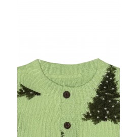 [Christmas Tree Print Cardigan] Women's Elegant 3D Christmas Tree Print Cardigan Sweater - Lime Green with Brown Button Closure, All-Over Festive Pattern, Round Neck & Button Front, Cozy for Holiday Parties & Winter Outfits (Hand Washable)