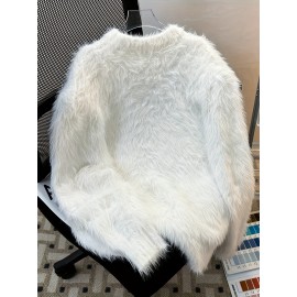 Korean Style Round Neck Sweater with Lazy Casual Metal Design Warm Faux Fur Pullover