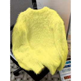Korean Style Round Neck Sweater with Lazy Casual Metal Design Warm Faux Fur Pullover