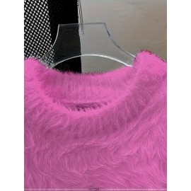 Korean Style Round Neck Sweater with Lazy Casual Metal Design Warm Faux Fur Pullover