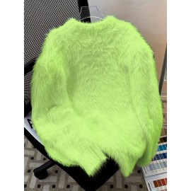 Korean Style Round Neck Sweater with Lazy Casual Metal Design Warm Faux Fur Pullover