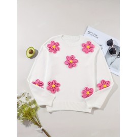 [Elegant Sweater] Valentine's Day Elegant Long Sleeve Crew Neck Sweater | Solid Color, Cute Flower Decorations, Women's Fashion - All Seasons