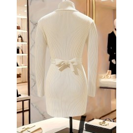 Elegant High-Neck Cardigan for Women - Chic Long Sleeve Sweater with Belt, Button-Up Front, and Golden-Tone Hardware, Perfect for Fall/Winter Fashion, Autumn Winter Wear | Belted Cardigan | Construction, Sweater Cardigan