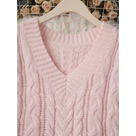 Gentle Pink Lazy Style Premium Loose V-Neck Twist Sweater for Women