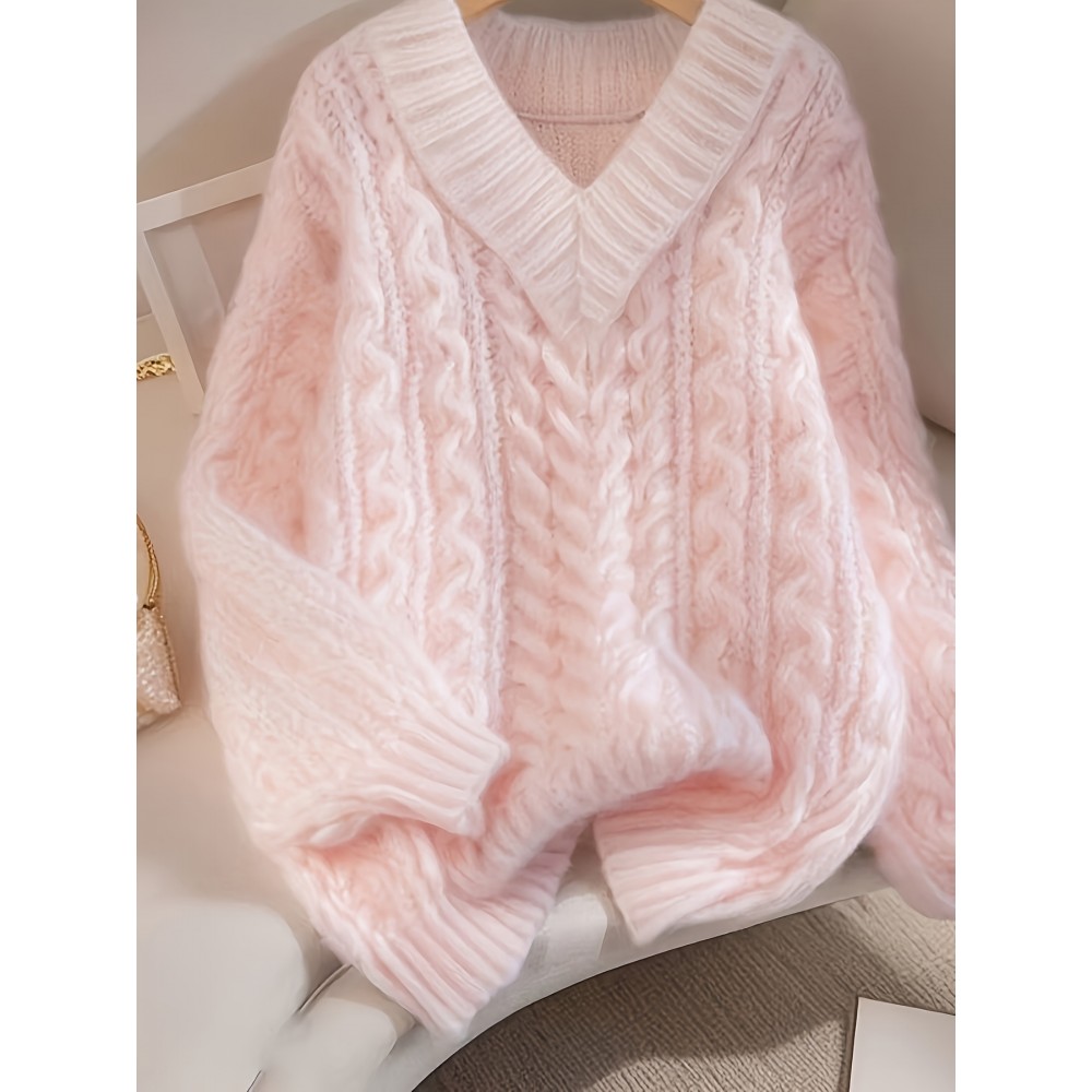 Gentle Pink Lazy Style Premium Loose V-Neck Twist Sweater for Women