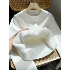 [Soft Thermal Sweater] Soft & Comfortable Women's Thermal Round-Neck Loose Fit Long Sleeve Sweater | All-Season Casual Top, Solid Color, Easy Care Hand Wash/Dry Clean, Medium Stretch, Clean Design