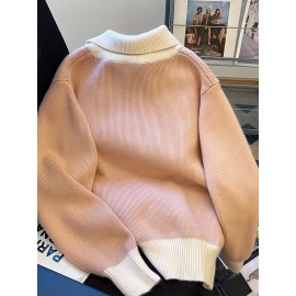 Women's Elegant Collar Zip-Up Sweater - Soft Long Sleeve Letter Detail Pullover, Cozy Fall Winter Machine Washable Casual Chic Tops, Cute Sweaters, Autumn Apparel, Subtle Color Contrast