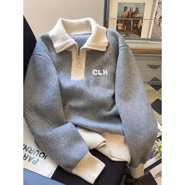 Women's Elegant Collar Zip-Up Sweater - Soft Long Sleeve Letter Detail Pullover, Cozy Fall Winter Machine Washable Casual Chic Tops, Cute Sweaters, Autumn Apparel, Subtle Color Contrast
