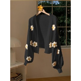 [Floral Cardigan for Women] Floral Pattern Women's Beige Cardigan - Long Sleeve Sweater with Round Neck for Spring/Fall Layering | Everyday & Formal Outfits, Lightweight Fabric, Textured Knitwear, Durable Knitwear, Office Wear, Fall Wardrobe