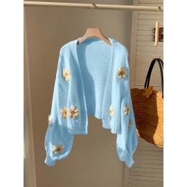 [Floral Cardigan for Women] Floral Pattern Women's Beige Cardigan - Long Sleeve Sweater with Round Neck for Spring/Fall Layering | Everyday & Formal Outfits, Lightweight Fabric, Textured Knitwear, Durable Knitwear, Office Wear, Fall Wardrobe