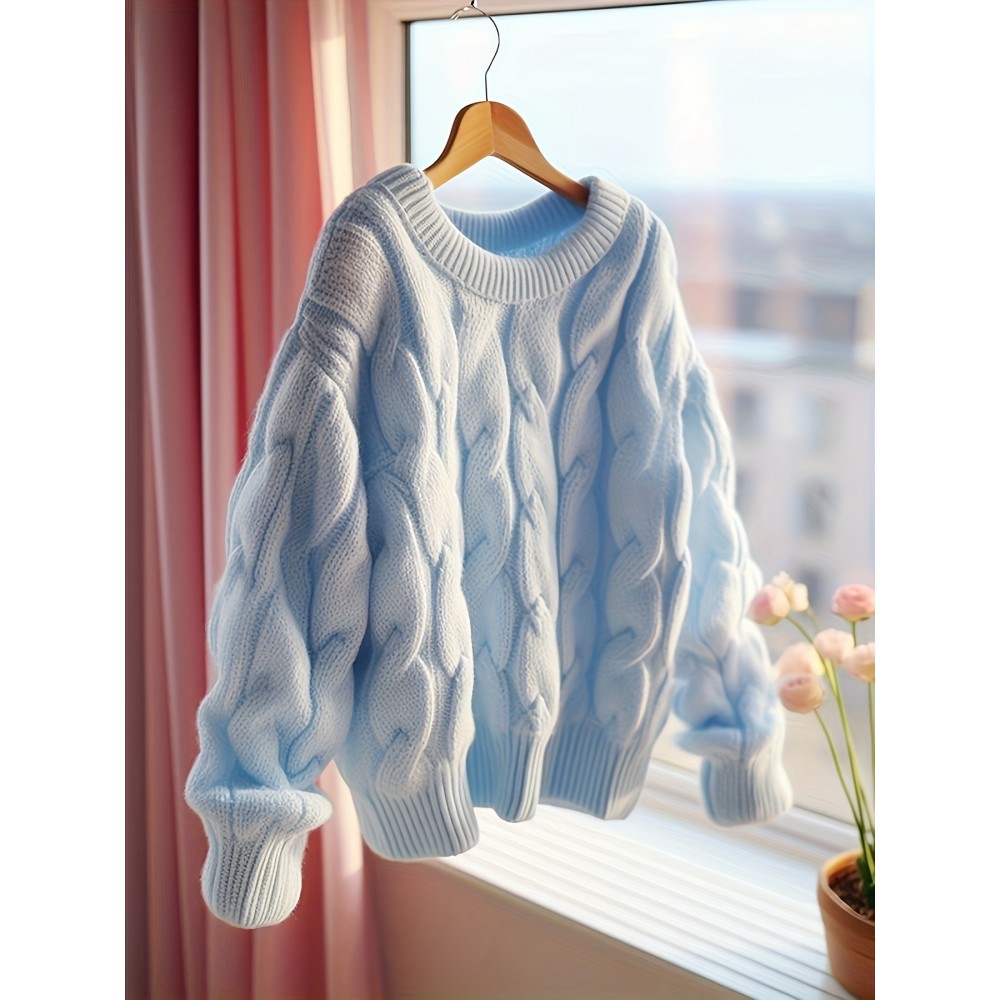 Women's Cable- Sweater - Soft Stretchy Winter Sweater with Round Neck & White Piping Trim, Machine Washable Chunky Pullover for Fall/Winter, Cozy Casual & Dressy Outfits (, Versatile Sweater for /