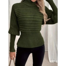 Women's High-Neck Ribbed Sweater - Olive Green Stretchy Long Sleeve Pullover, Loose Fit Textured Winter Top for Fall & Winter, Elegant Casual Chic Wardrobe Essential, Comfortable Fashion, Highneck Pullover, Soft Comfort