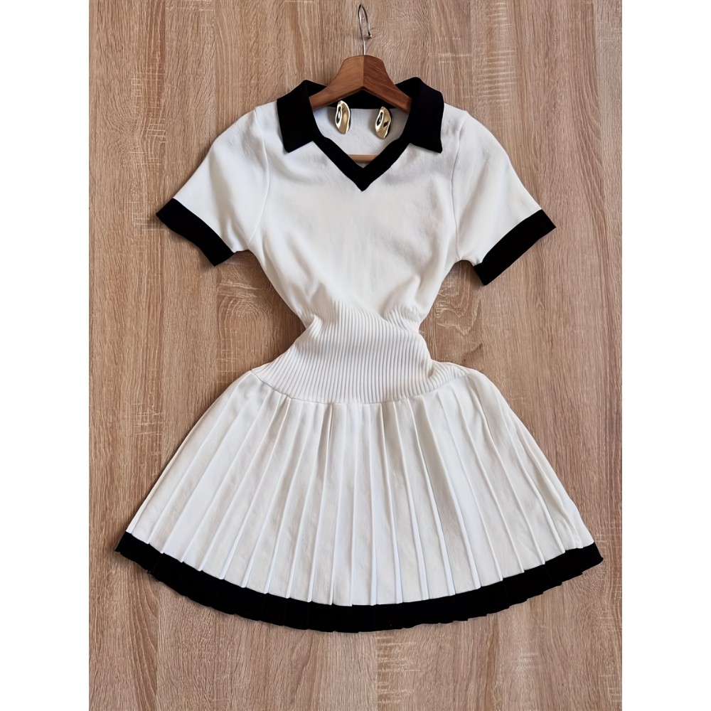 Women'S Casual Color Block V-Neck Dress with Flared Hem - White and Black, Short Sleeve, Polyester, Perfect for Spring/Summer, Casual Attire|Vneck Dress|Polyester Fabric