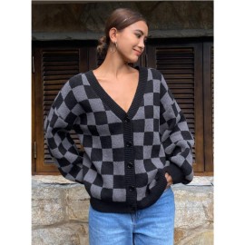 Checkerboard Pattern Casual Cardigan Sweater for Women, Long Sleeve Tops