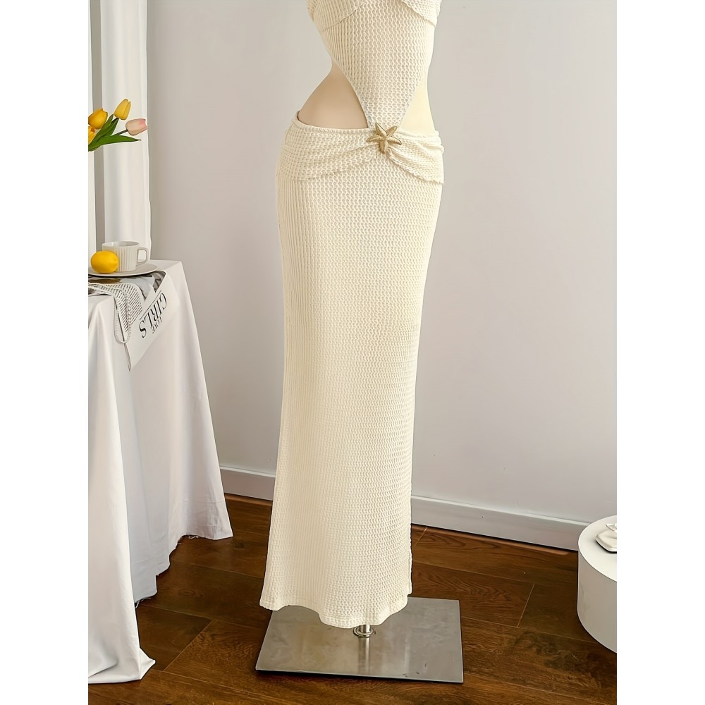 [Elegant Mermaid Dress] Elegant White Mermaid Dress | High-Waisted, Metallic Accent, Ruched Detailing - Perfect for Beach and Holiday Season