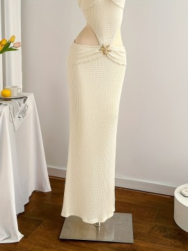[Elegant Mermaid Dress] Elegant White Mermaid Dress | High-Waisted, Metallic Accent, Ruched Detailing - Perfect for Beach and Holiday Season
