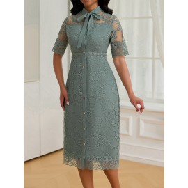 Women's Elegant Embroidered Lace Slim-Fit Midi Dress with Lace-Up Front & Short Sleeves - Machine Washable A-Line Silhouette for All-Season Wear, HRYY284