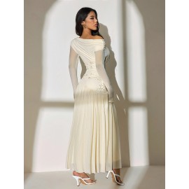 [Wedding Dresses] Women's Elegant Off-the-Shoulder Formal Dress - Beige/ Long Sleeve Party Wedding Gown, Stretchy Bodycon Fit, Machine Washable Evening Attire for Women, Wedding Dresses, Holiday Outfit, Asymmetrical Skirt, Highelasticity Fabric