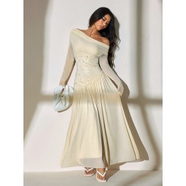 [Wedding Dresses] Women's Elegant Off-the-Shoulder Formal Dress - Beige/ Long Sleeve Party Wedding Gown, Stretchy Bodycon Fit, Machine Washable Evening Attire for Women, Wedding Dresses, Holiday Outfit, Asymmetrical Skirt, Highelasticity Fabric