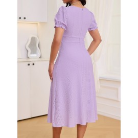 [Elegant Dress] Stretchy Elegant Women's V-Neck Short Sleeve Dress | A-Line Mid-Length Machine Washable with Ruffled Bell Sleeves & Button Detail for All-Season Versatile Wear
