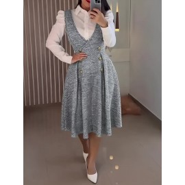 Elegant Women'S Dress - Deep V-Neck, Sleeveless A-Line with Button Detail, Fitted Silhouette, Gray Plaid Pattern, Perfect for Fall/Winter, Adult Fashion, Elegant Attire | Sleeveless Fashion | Construction, Cute Dresses