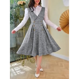 Elegant Women'S Dress - Deep V-Neck, Sleeveless A-Line with Button Detail, Fitted Silhouette, Gray Plaid Pattern, Perfect for Fall/Winter, Adult Fashion, Elegant Attire | Sleeveless Fashion | Construction, Cute Dresses