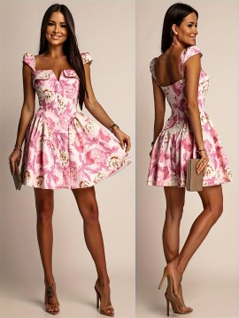 Women's Elegant Floral Dress - Square Neck flared skirt, Pink Floral Print, for Party, Date, Wedding - Women's Formal & Casual Outfits