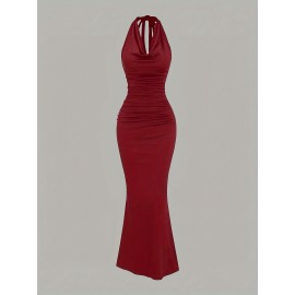 2pcs Elegant Halter Neck Mermaid Dresses - Ruched Bodycon Party & Casual Wear for Women, Black and Red, Machine Washable, Spring/Summer Collection, Spring Summer Attire, Sophisticated Silhouette, Comfortable Fit