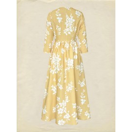 Women's Elegant Maxi Dress - Mustard-Yellow Floral print A-Line long dress, Non-Stretchy fabric for Formal & Casual Events, Office, Parties - All-Season Women's Clothing