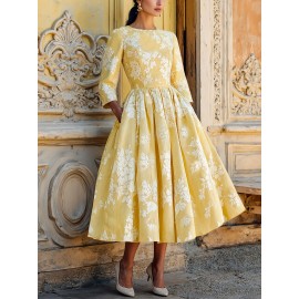 Women's Elegant Maxi Dress - Mustard-Yellow Floral print A-Line long dress, Non-Stretchy fabric for Formal & Casual Events, Office, Parties - All-Season Women's Clothing