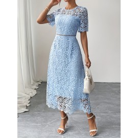 Women'S Elegant Long Formal/semi-formal Dress - Flowy A-Line Party Wedding Guest Gown, Round Neck Short Sleeve Evening Dress for Women, Special Occasion, Feminine Design, Delicate Lace, Lace Detailing, Bridal Guest