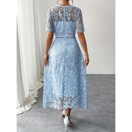 Women'S Elegant Long Formal/semi-formal Dress - Flowy A-Line Party Wedding Guest Gown, Round Neck Short Sleeve Evening Dress for Women, Special Occasion, Feminine Design, Delicate Lace, Lace Detailing, Bridal Guest