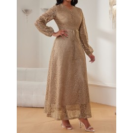 Women's Elegant Beige V-Neck Long Sleeve Dress with Puff Sleeves & Adjustable Waist Tie - A-Line Silhouette Floor-Length Formal Party Wedding Guest Dress, Machine Washable Solid Color HRYY332, Evening Gown, Highquality Material, Tailored Fit, Adult Women