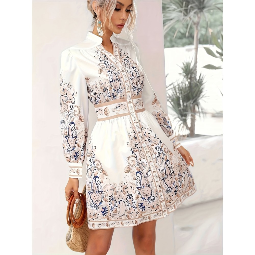 Women's Bohemian Floral Print Button-Front Closure, Machine Washable Vacation Outfit for Women, Formal Casual Events, Floral Print Blouse, Autumn Clothing, Nontransparent Fabric
