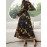Print Women'S Long Sleeve Slim Fit Dress with Cross Neckline & Lantern Sleeves - A-Line Silhouette, Black & Golden Floral Print, All-Season Versatile Wear, Elegant Event Attire | Aline Silhouette | Sophisticated Style