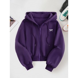 Women'S Casual Gray Hoodie with Double Bow Print - Long Sleeve, Zip-Up Pullover, All-Season Comfort, Casual Wear Hoodie|Casual Style Hoodie|Zippered Hoodie