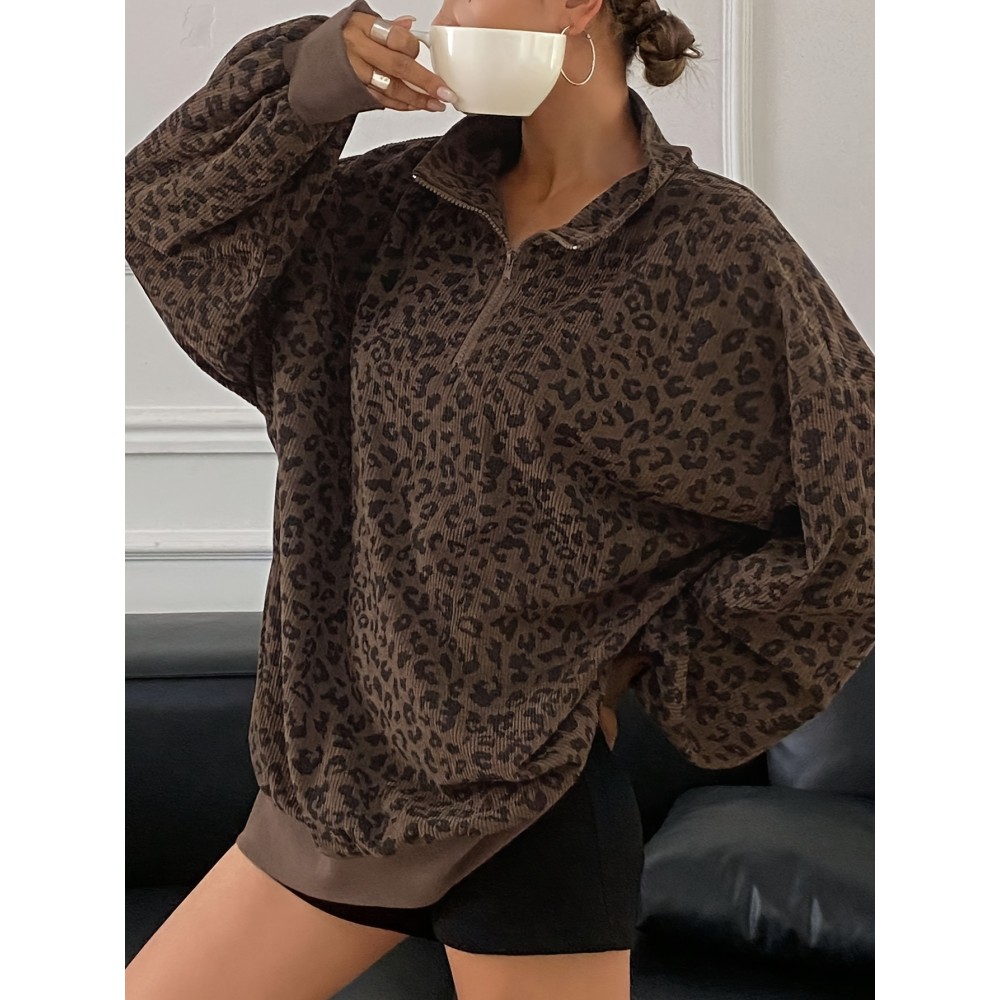 Women'S Stylish Leopard Print Sweatshirt with Front Zipper - Casual Long Sleeve Pullover, Brown & Gray Animal Print Design, Soft Polyester Fabric, Perfect for Spring & Fall