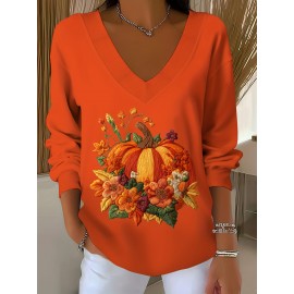 Women'S Halloween Witch Print Sweater - V-Neck Long Sleeve Pullover with Pumpkin & Floral Design, Loose Fit Casual Sweater for Fall/Winter, Halloween Clothes, Seasonal Fashion, Frenchinspired Style, Comfortable Wear, Fall Fashion, Frenchinspired Des