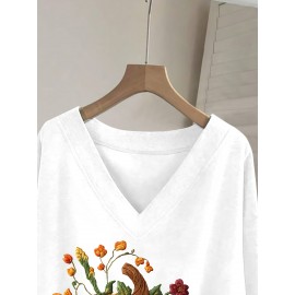 Women'S Halloween Witch Print Sweater - V-Neck Long Sleeve Pullover with Pumpkin & Floral Design, Loose Fit Casual Sweater for Fall/Winter, Halloween Clothes, Seasonal Fashion, Frenchinspired Style, Comfortable Wear, Fall Fashion, Frenchinspired Des