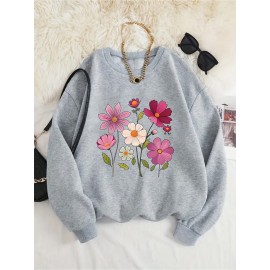 Women's Floral Print Crew Neck Sweatshirt - Pink with Multicolor Flower Design, All-Season Casual Pullover, Soft Machine-Washable Fabric, Cozy Everyday Sweater for Women (No Dry Clean)