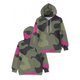 Women's Full-Body Pink & Green Camo Sweatshirt - Long Sleeve Hoodie with Drawstring Hood, Stretchy Polyester Pullover for Casual Streetwear, Everyday Outfits - Machine Washable Women's Clothing, Spring Autumn Apparel, Comfortable Fit