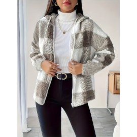 Women's Plush Coat - Non-Stretchy Beige & Brown Checkered Winter Jacket, Machine Washable Cold Weather Outerwear for Fall/Winter, Chic Everyday & Formal Events Coat, Winter Coats, Casual Winter Wear, Textured Fabric
