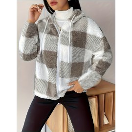 Women's Plush Coat - Non-Stretchy Beige & Brown Checkered Winter Jacket, Machine Washable Cold Weather Outerwear for Fall/Winter, Chic Everyday & Formal Events Coat, Winter Coats, Casual Winter Wear, Textured Fabric