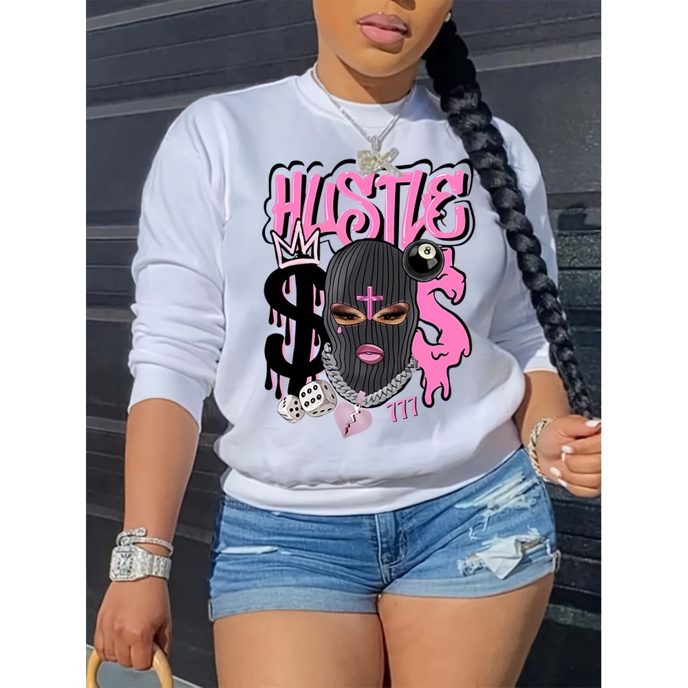 Women's HUSTLE Graphic Crew Neck Sweatshirt - Long Sleeve Casual Pullover with Print, Pink Dripping Letters & Money Motif, Cozy Fall Winter Streetwear, Machine Washable, Winter Apparel, Bold Design, Relaxed Fit
